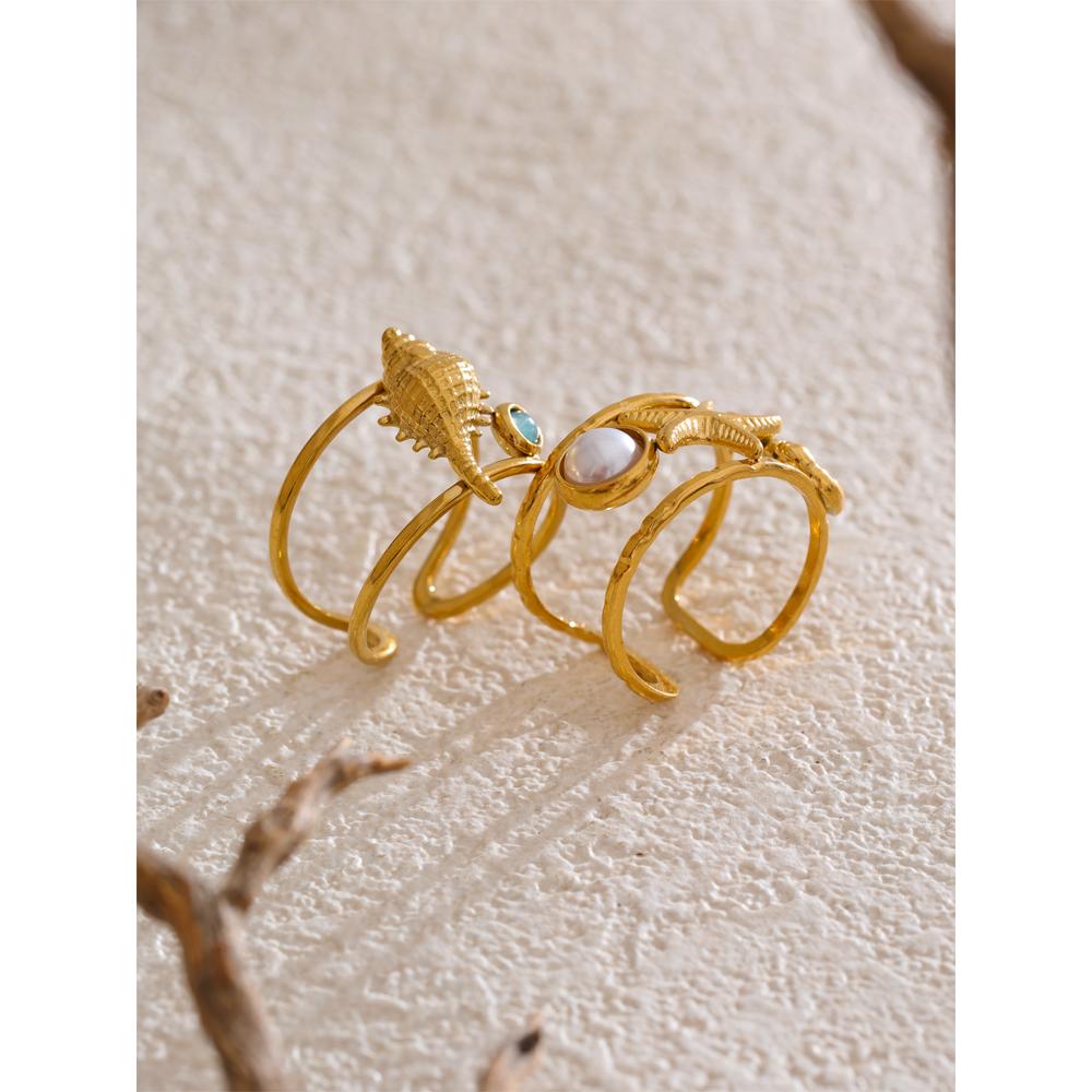 Eetit Ocean Style Seahorse Starfish Shell Open Adjustable Ring PVD Plated Golden Holiday Finger Adjustable Jewelry Wholesale