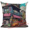 Cartoon Straßenecke Leinen Kissenbezug Japan Architekturstil Heimdekoration Wohnzimmer Sofa Dekokissen Hülle 45x45cm