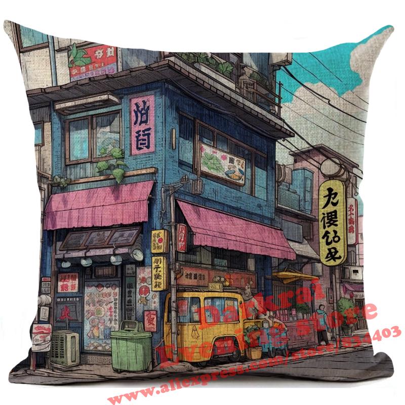 Cartoon Straßenecke Leinen Kissenbezug Japan Architekturstil Heimdekoration Wohnzimmer Sofa Dekokissen Hülle 45x45cm
