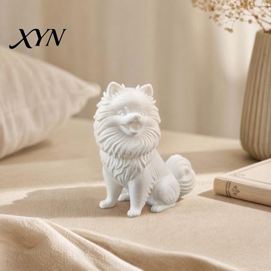 Pomeranian Collectible Figure 3D Printed Cute Dog Figurine, White Twisting Head Puppy Statue, Small Desktop Ornament for Home Office Desk Decor,