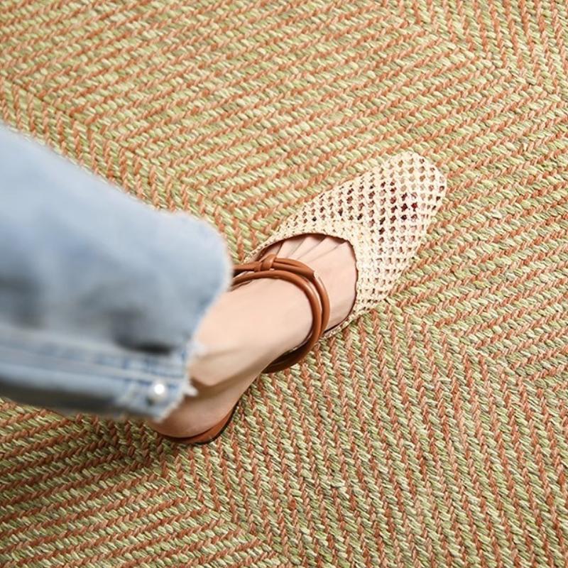 2025 New Vintage Woven 1 Slip-on Toe Half Slippers Women's New Outwear French Fairy Style Thick Heel Holiday Shoes