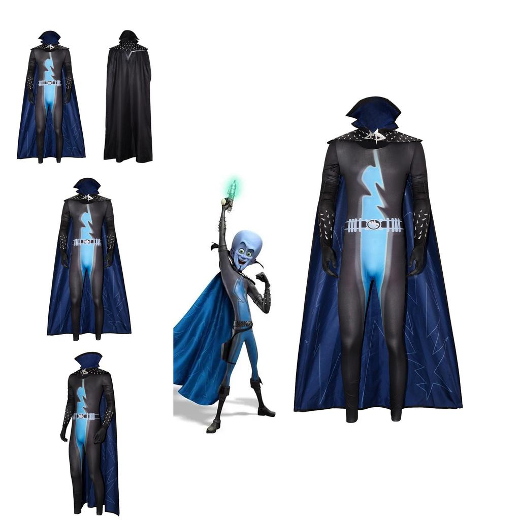 Halloween Megamind Jumpsuit Cloak Glove Set Performance Costume For Cosplay And Stage Performances