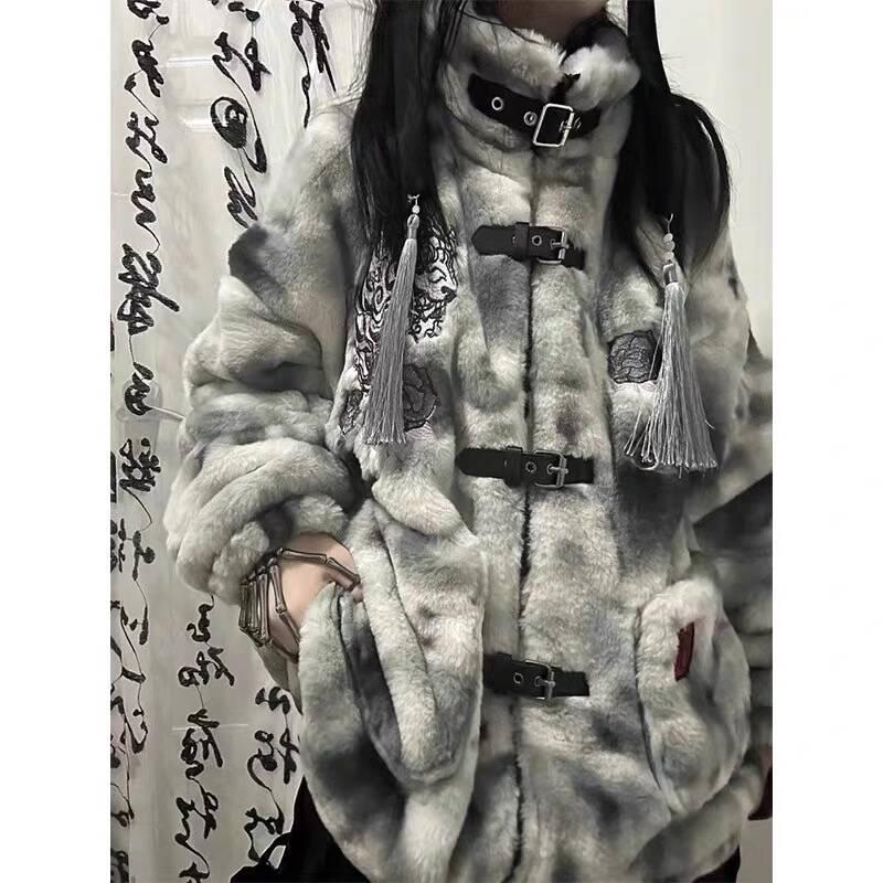 Dark Style Sheyin Faux Rabbit Fur Coat - Quirky Embroidered Stand-Up Collar for Autumn/Winter
