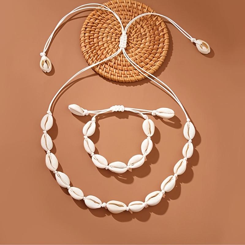 Fashion Handmade Braided Shell Necklace Bracelet 2pcs Set Bohemian Women's Versatile Necklace Beach Resort Style Clavicle Chain