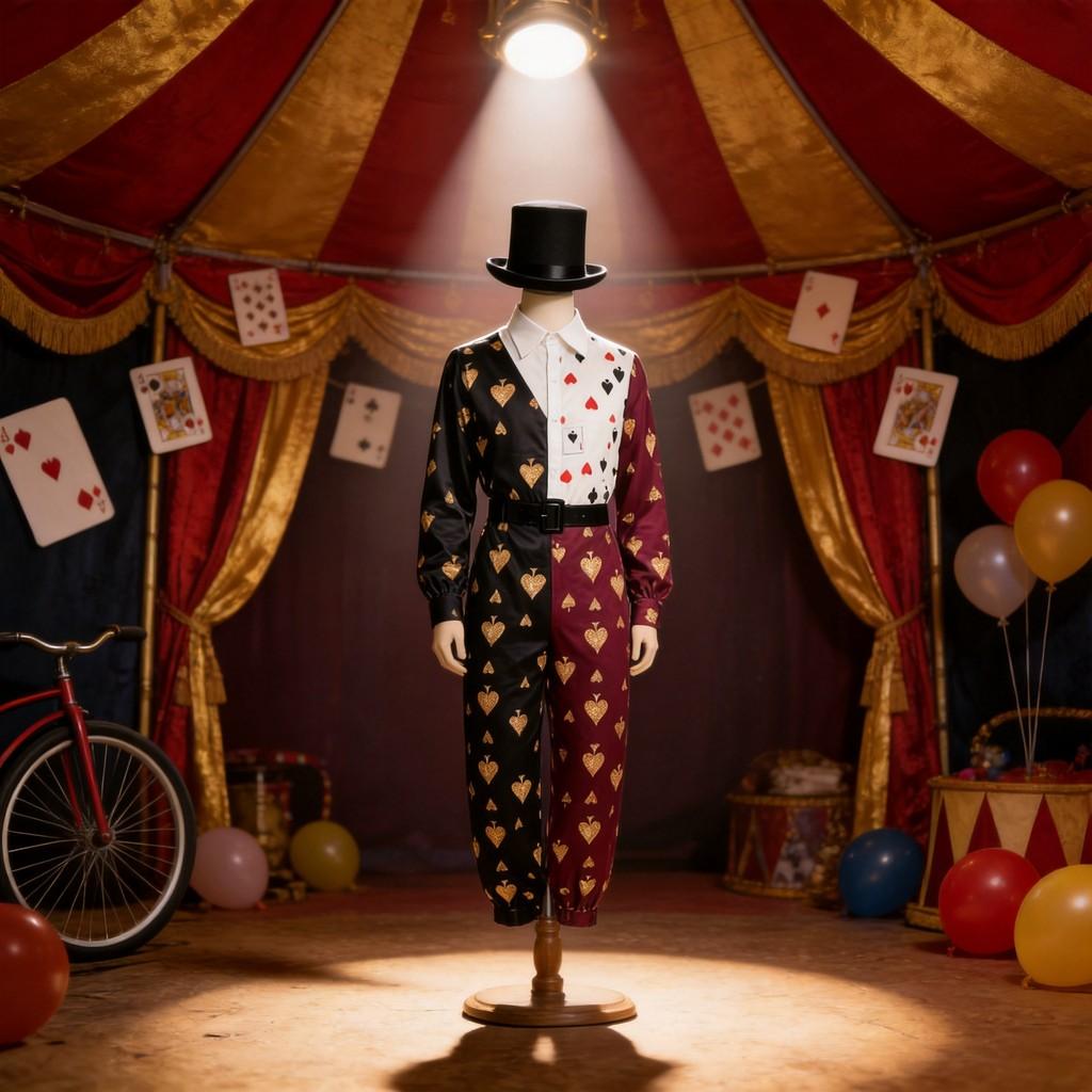 Halloweenový temný cirkusový klaunský overal s potiskem pokerových karet pro cosplay a kostýmovou párty