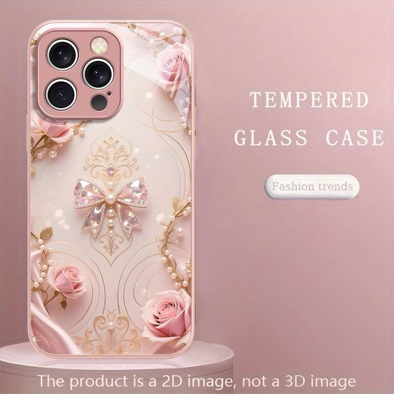 Crystal Bow Pattern Pink Metallic Paint Glass Hard Phone Case For iPhone 17 16 15 14 13 12 11 Pro Max 15 14 Plus 16E 17Air Cover
