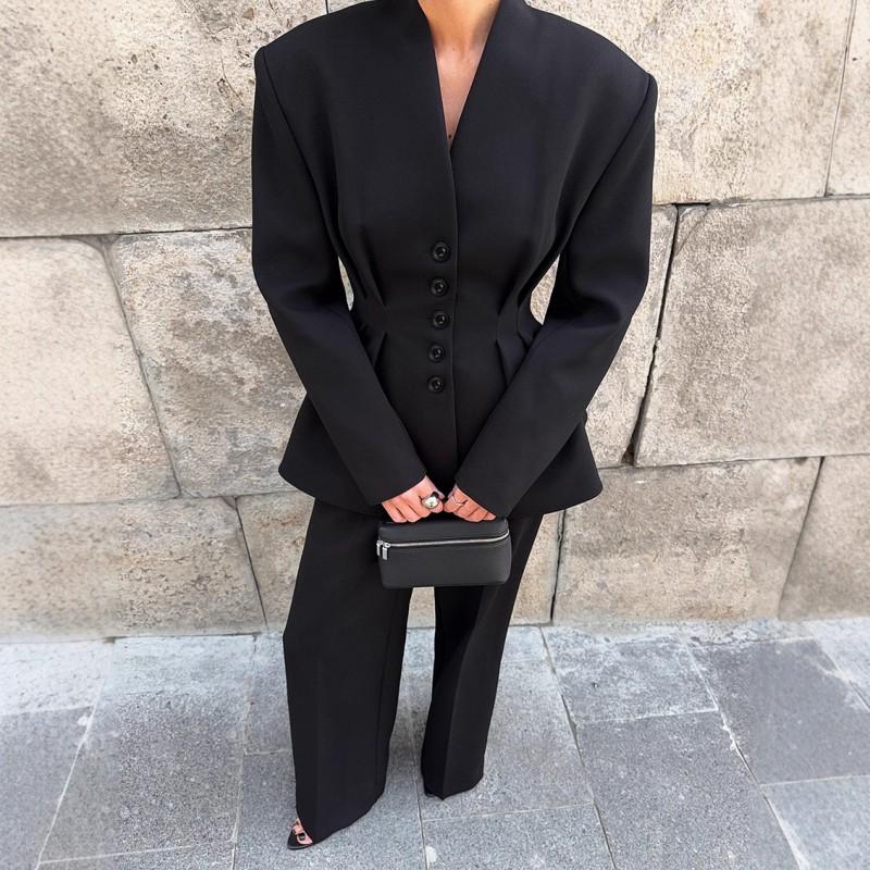 Womens 2026 Slim Fit 2-Piece Suit Set Office Workwear Blazer Pants Solid Color