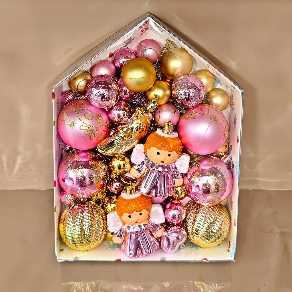 72-Piece Christmas Tree Decorations Set: Houses, Gift Boxes, Snowmen, Sleigh, and Painted Plastic Ornaments