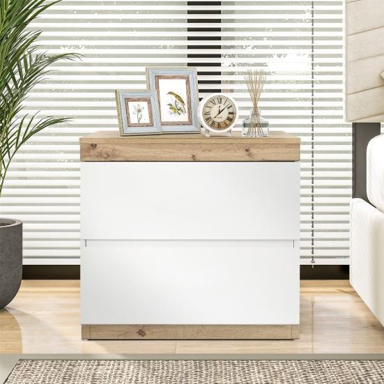 Wood Grain Nightstand with 2 Drawers Spacious Desktop Strong Load-bearing Small Side Table Nightstand Bedroom