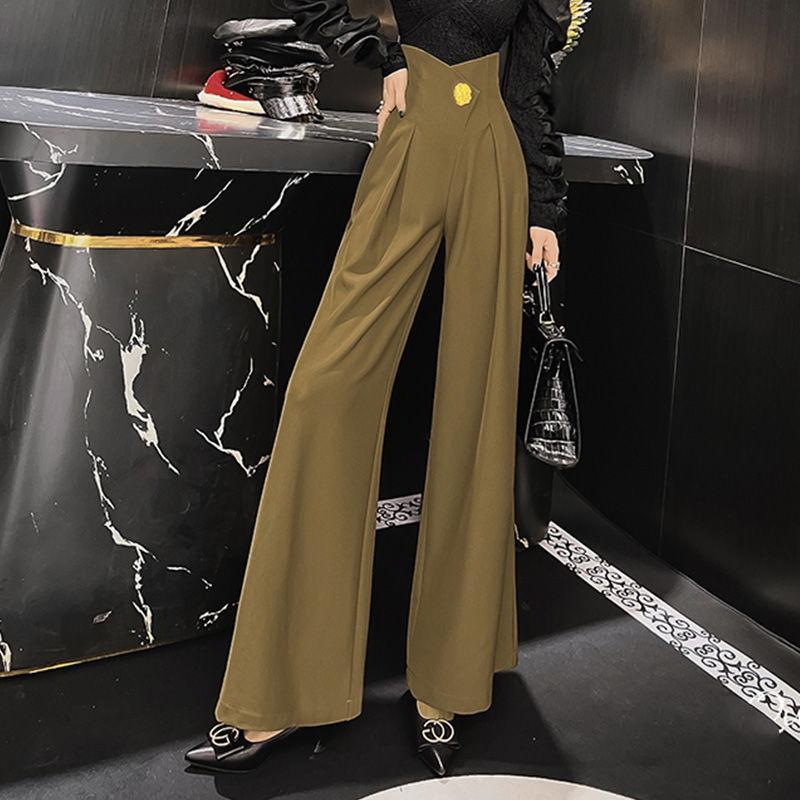 Stylish Spring Autumn High Waist Pants Folds Female Clothing Three-dimensional Decoration Basic Spliced Wide Leg Waist Trousers