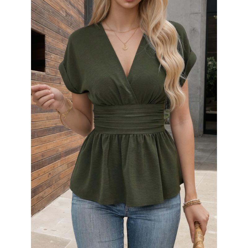 Spring Hot Sale V-neck Waist Solid Color Raglan Sleeve Skirt Pleated T-sleeve Women's Top