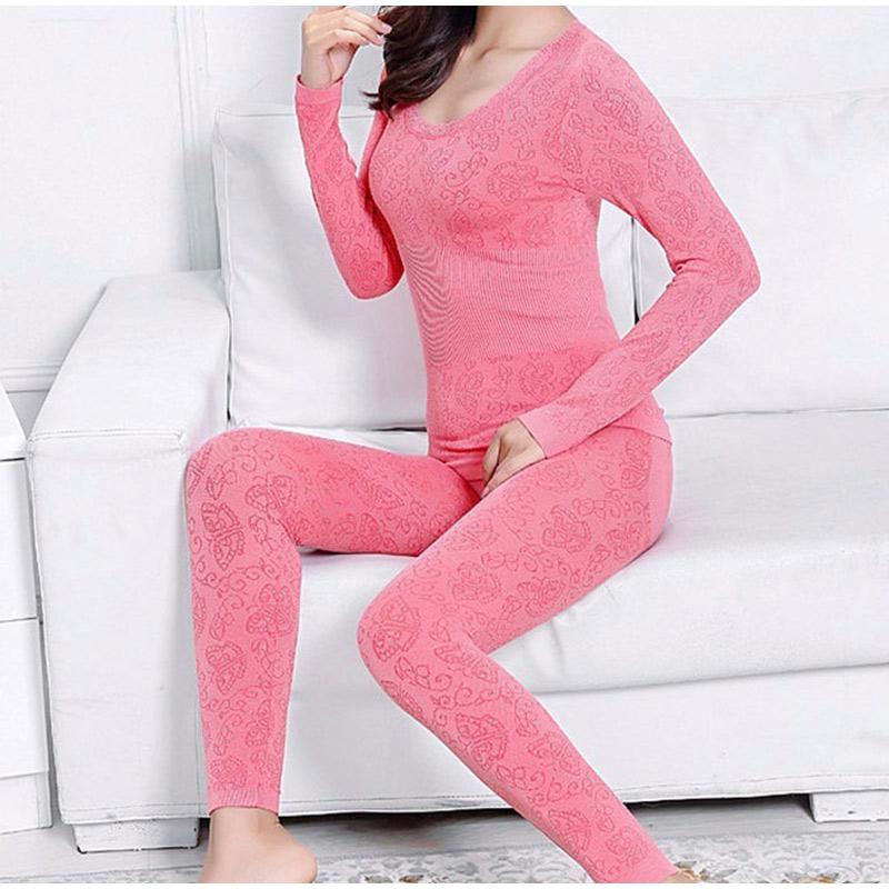 Sexy Women Underwear Thermal Sets High Neck Long Sleeve Top and Elastic Waist Bottom Comfortable Suit