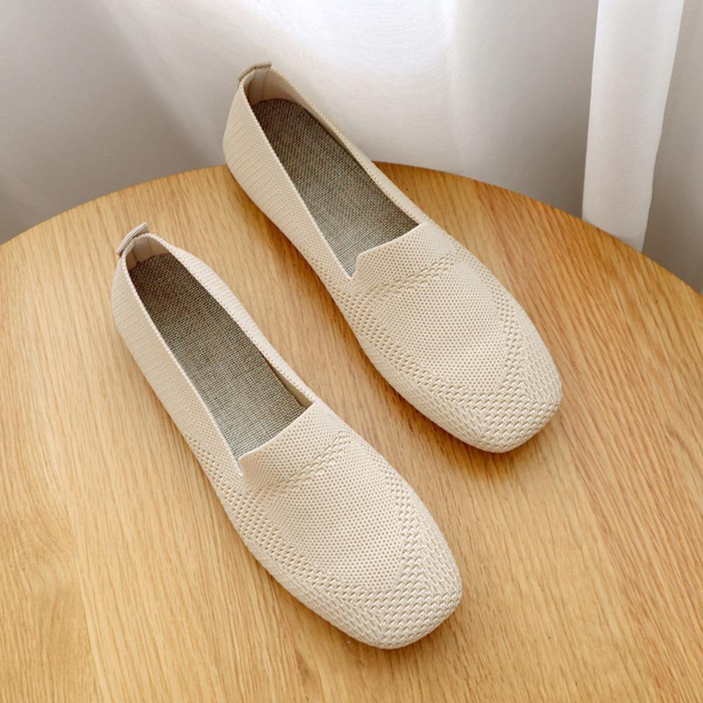 Fashion Womens Knitted Fabric Flat Shoes 2025 Spring Autumn Square Toe Soft Sole Comfortable Big Size Flats Shoe Women Ladies Shoes