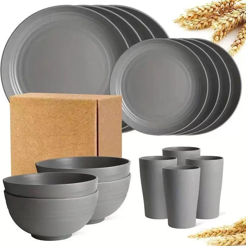 16-Piece Black Wheat Straw Tableware Set: Dinner Plates, Water Cups, Salad Bowls
