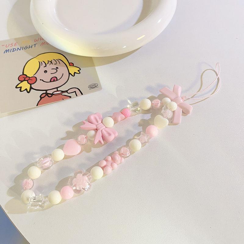Bowknot Beaded Mobile Phone Chain Charm Acrylic Heart Beaded Pendant Phone Hanging Lanyard Strap Women Girls Sweet Accessories