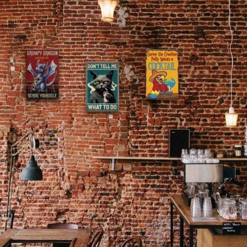 Vintage Metal Wall Sign Cat Pattern Decor for Bar Cafe
