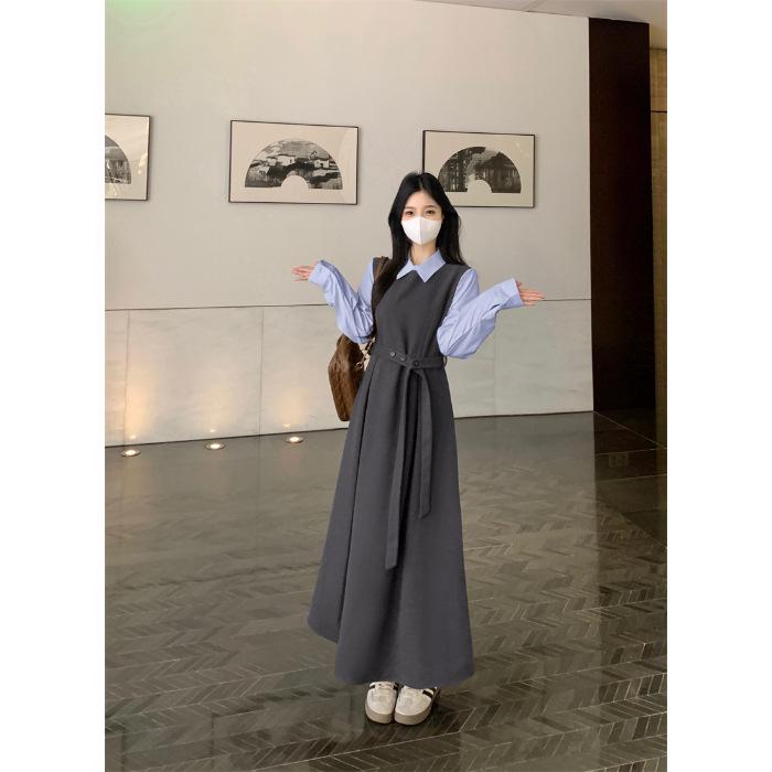 

Элегантное весеннее платье большого размера в французском стиле, состоящее из двух частей, с длинным рукавом и юбкой, подчеркивающей талию XL серый