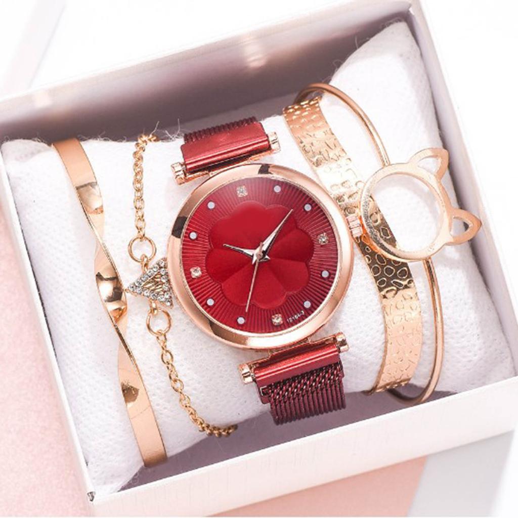 5pcs Bangle Watch Set Quartz Alloy Elegent High Glossy Daily Accessories Jewelry Set with Storage
