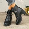 Short Boots Autumn and Winter New European and American Large Size Short Boots High Heel Round Head Lace-up Thick Heel Martin Boots