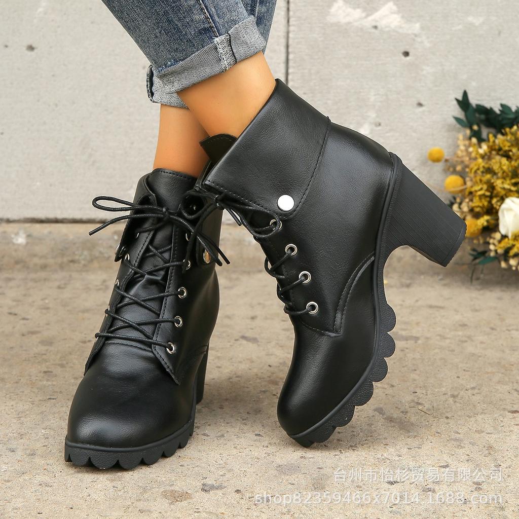 Short Boots Autumn and Winter New European and American Large Size Short Boots High Heel Round Head Lace-up Thick Heel Martin Boots