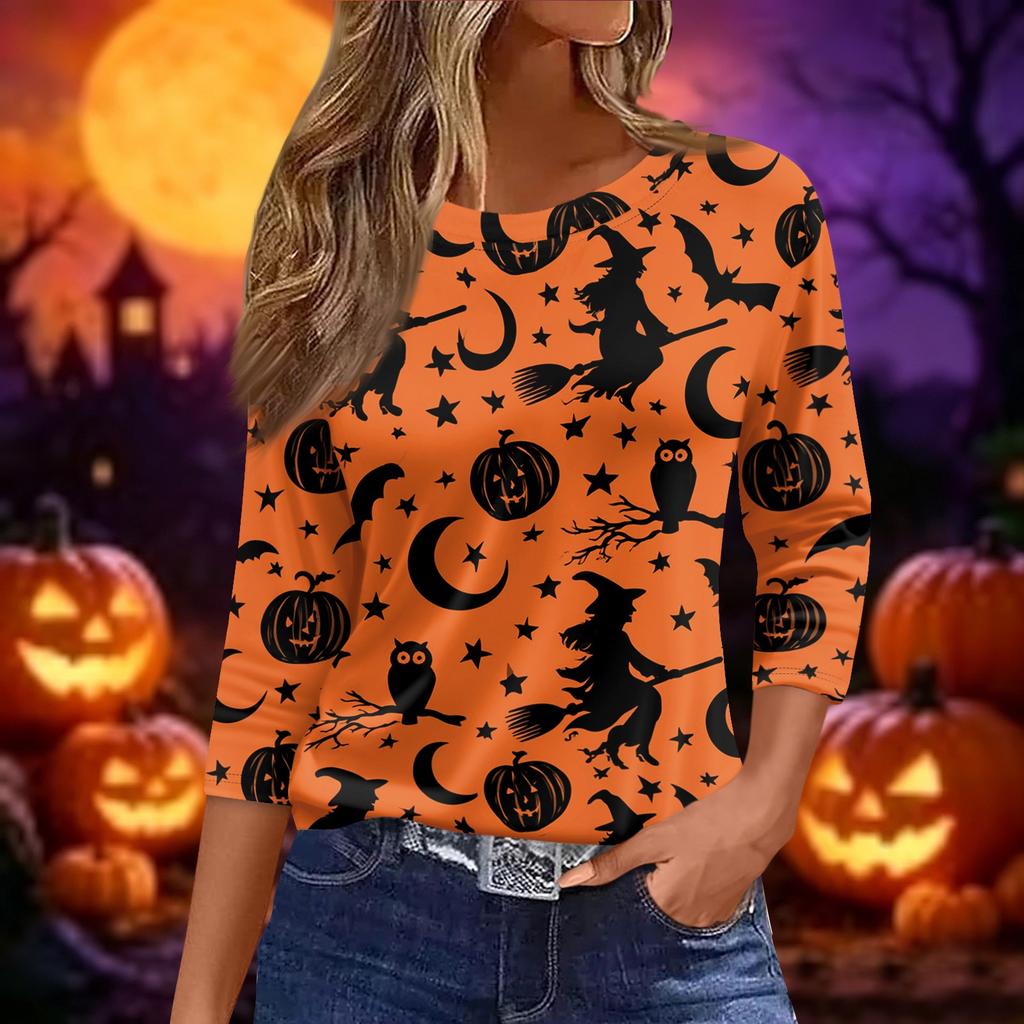 Women's Fashion Casual Short Sleeve Neck Top with Halloween and Pumpkin Print