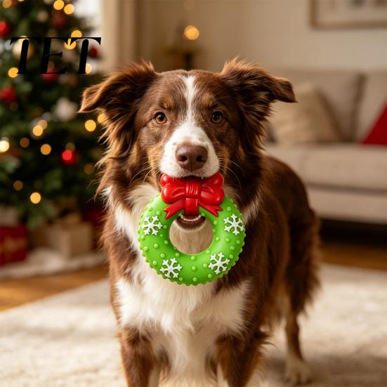 Elastic Rubber Dog Chews Christmas Squeaky Chew Toys, Teeth Cleaning Interactive Pet Holiday Themed Fetch Toys for Pets Balls with Candy Cane