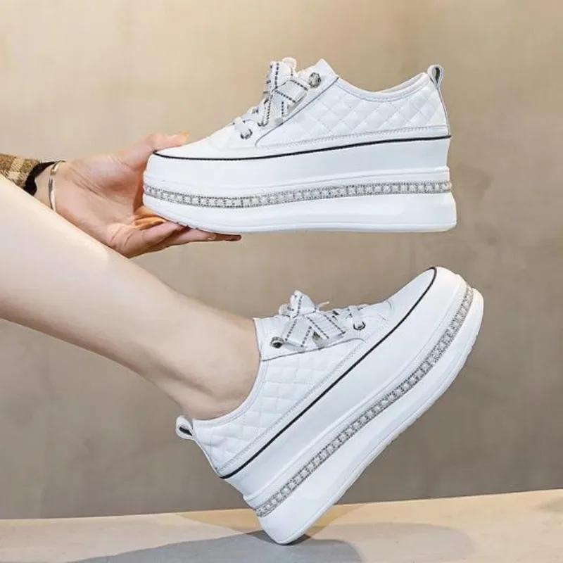 6cm Neue Echtes Leder Plateau Keilabsatz Schuhe Zapatos De Mujer Bling Vulkanisierte Klobige Sneaker Pumps Plateau Damenmode
