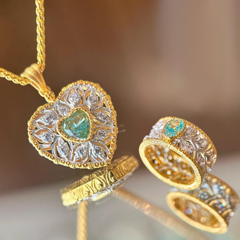 Vintage Diamond Iris Flower Ring Set with Italian Buccellati Inspired Heart Pendant Women Jewelry