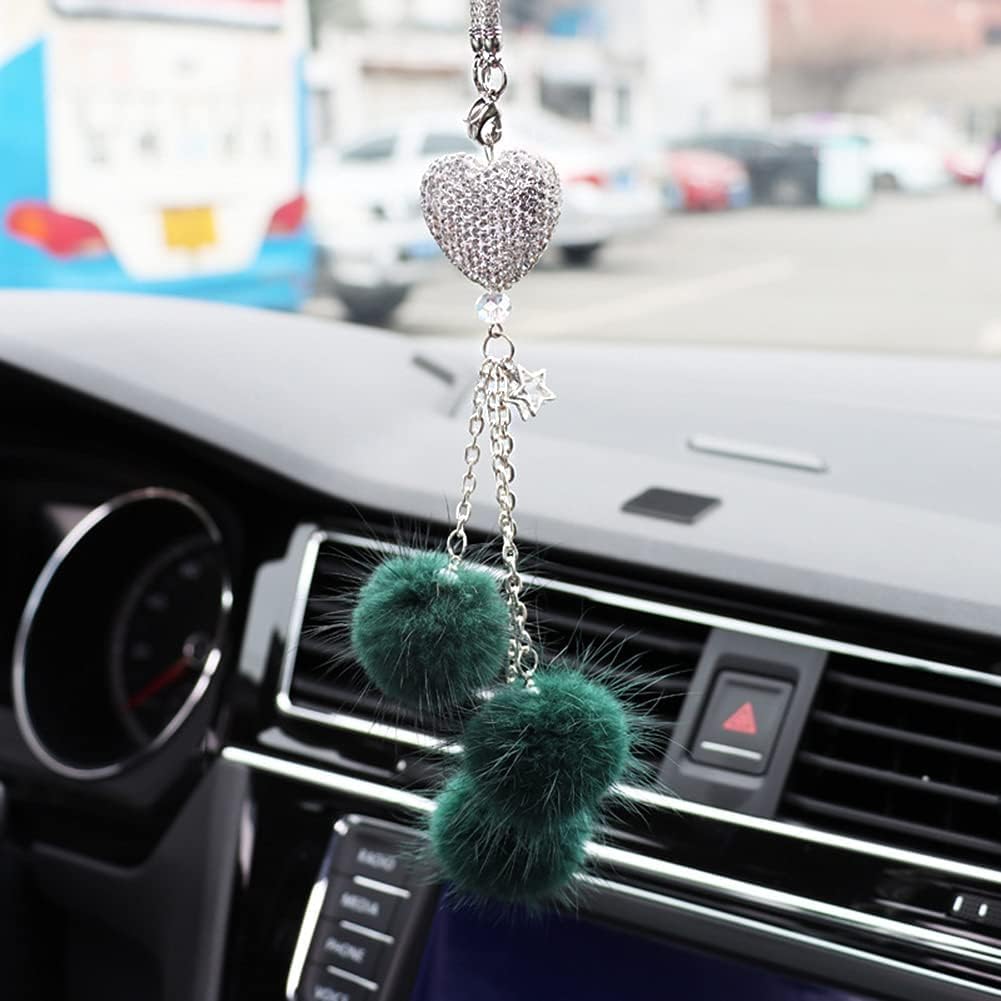 Bling Heart Rhinestones Diamond Car Accessories, Cute Love Heart Plush Ball Car Mirror Hanging Accessories Lucky Rearview Mirror Charms Decorations