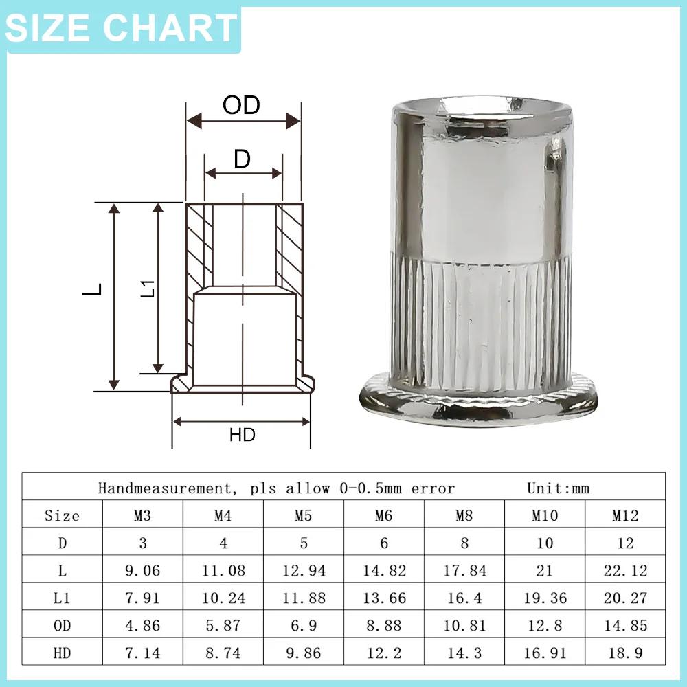 5-20PCS Flat Rivet Nut M3 M4 M5 M6 M8 M10 M12 304 Stainless Steel Flat Head Threaded Rivet Insert Nutsert Cap Rivets Nuts