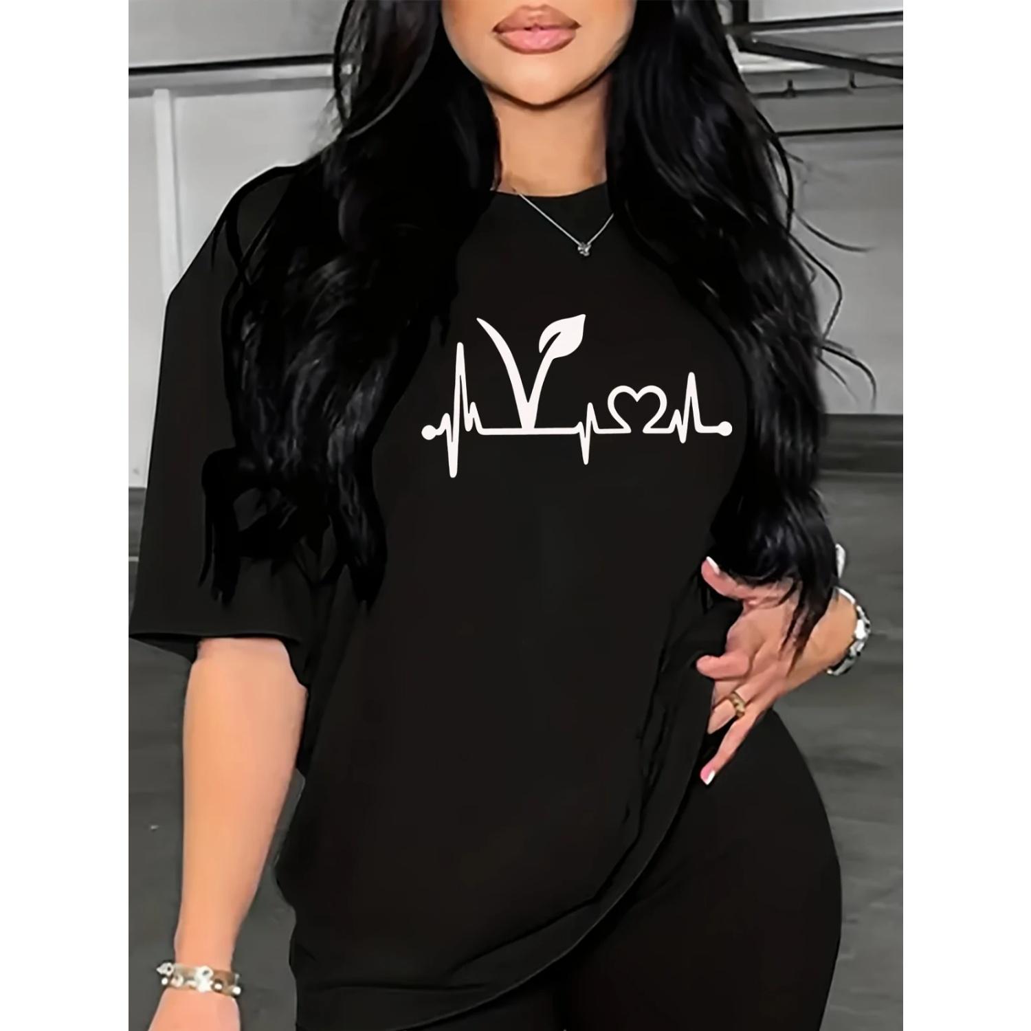 

Leaf Heartbeat Curves Print T-shirt Short Sleeve Crew Neck Top Summer Spring Women Clothing S чёрный