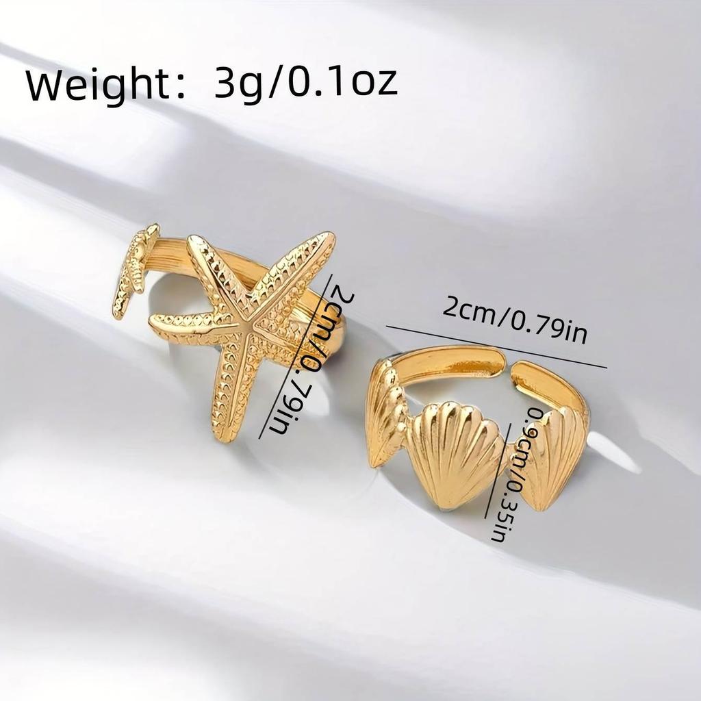 Ocean Series Metal Shell Starfish Ring Set for Women Bohemian Summer Trendy Sea Elements Opening Adjustable Finger Rings Jewelry