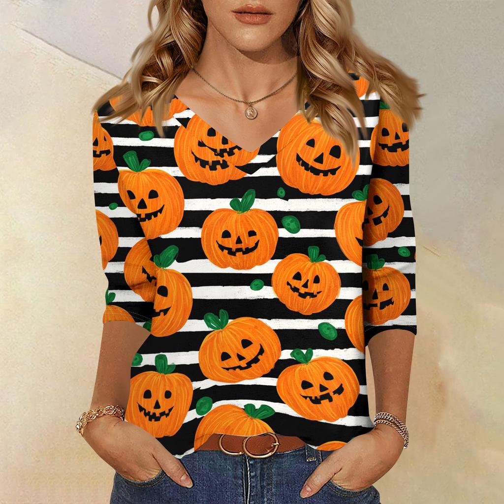 Women's Three-Quarter Sleeve V-Neck Top with Halloween Print for Casual