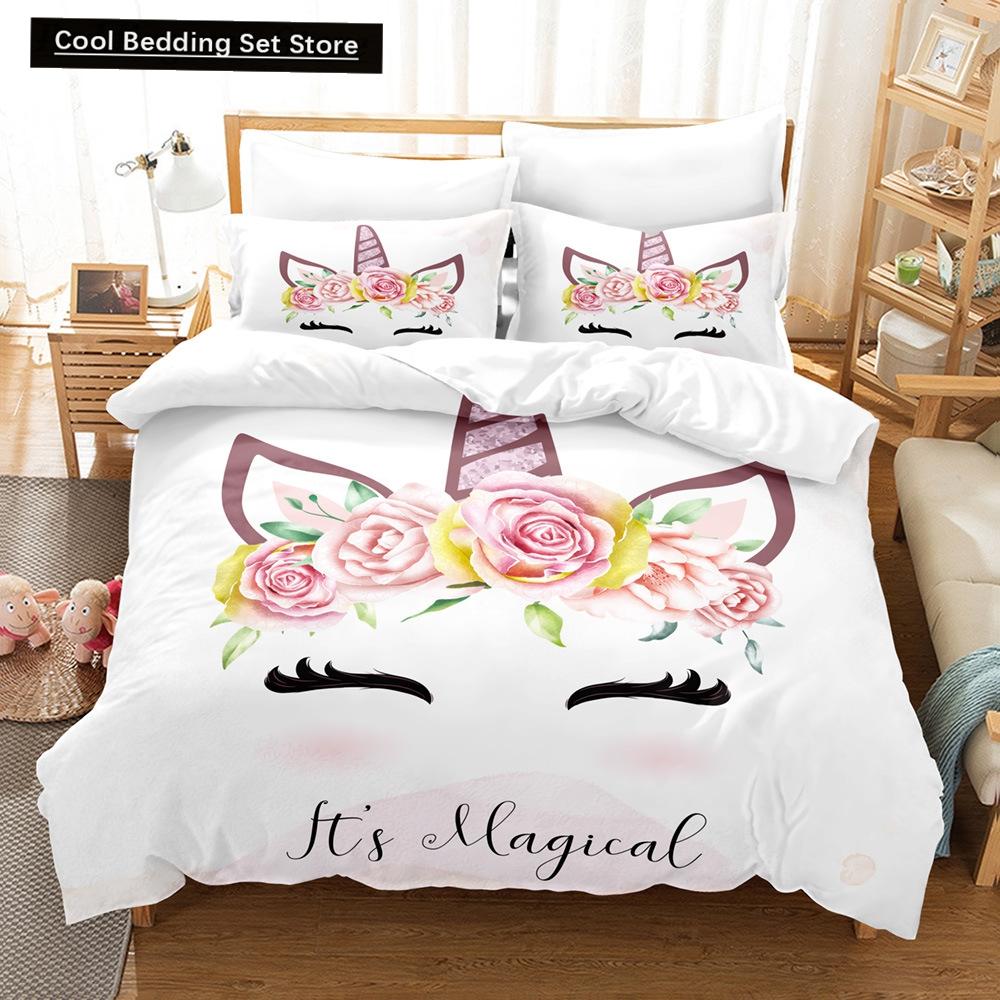 Kids Unicorn Eyelash Pink Princess Duvet Cover King Queen Bedding Set Fairy Magic Animal Closed Eye 2/3pcs Polyester Quilt Cover