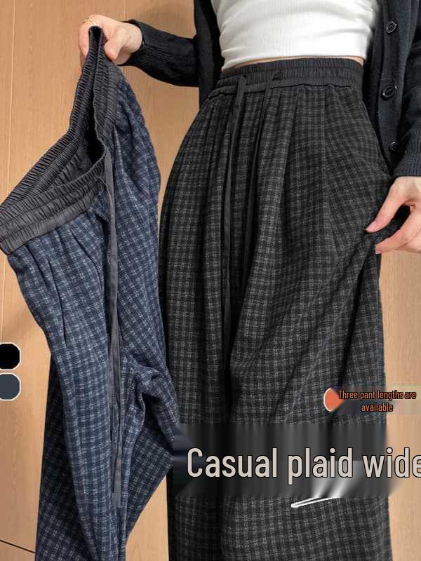 Women's Autumn 2025 Blue Plaid High-Waist Wide-Leg Pants with Drawstring - Retro, Slimming, Casual Style