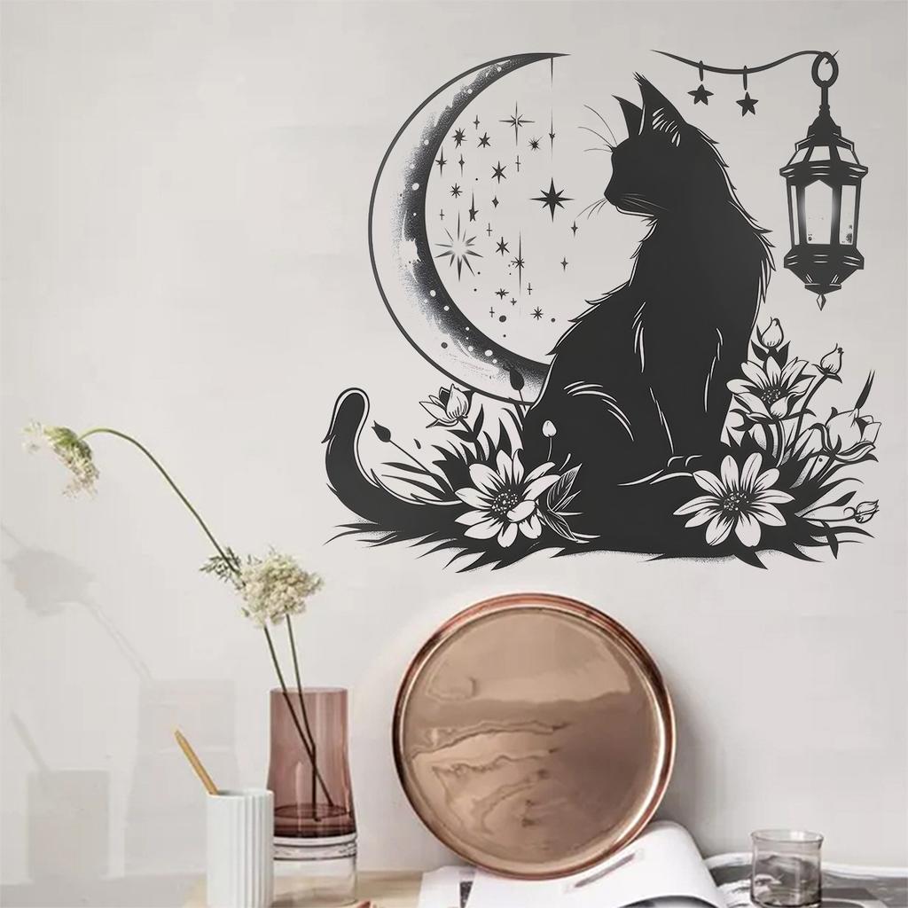 Black Cat Moon Flowers Wall Sticker Vinyl Decal for Living Room Entrance Home Decor Background Wall Art