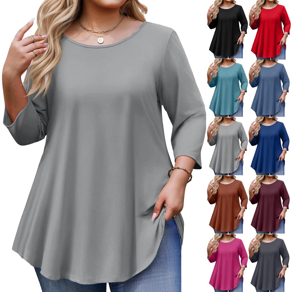 Women’s Plus Size 3/4 Sleeve Tunic Top Loose Fit Round Neck Casual Basic Blouse Soft Lightweight Fabric Comfortable Design