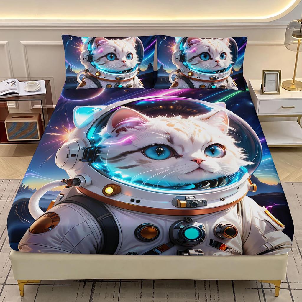 Cat Astronaut Pattern Mattress Three-Piece Digital Printing Mattress Bedding Set Adult Children