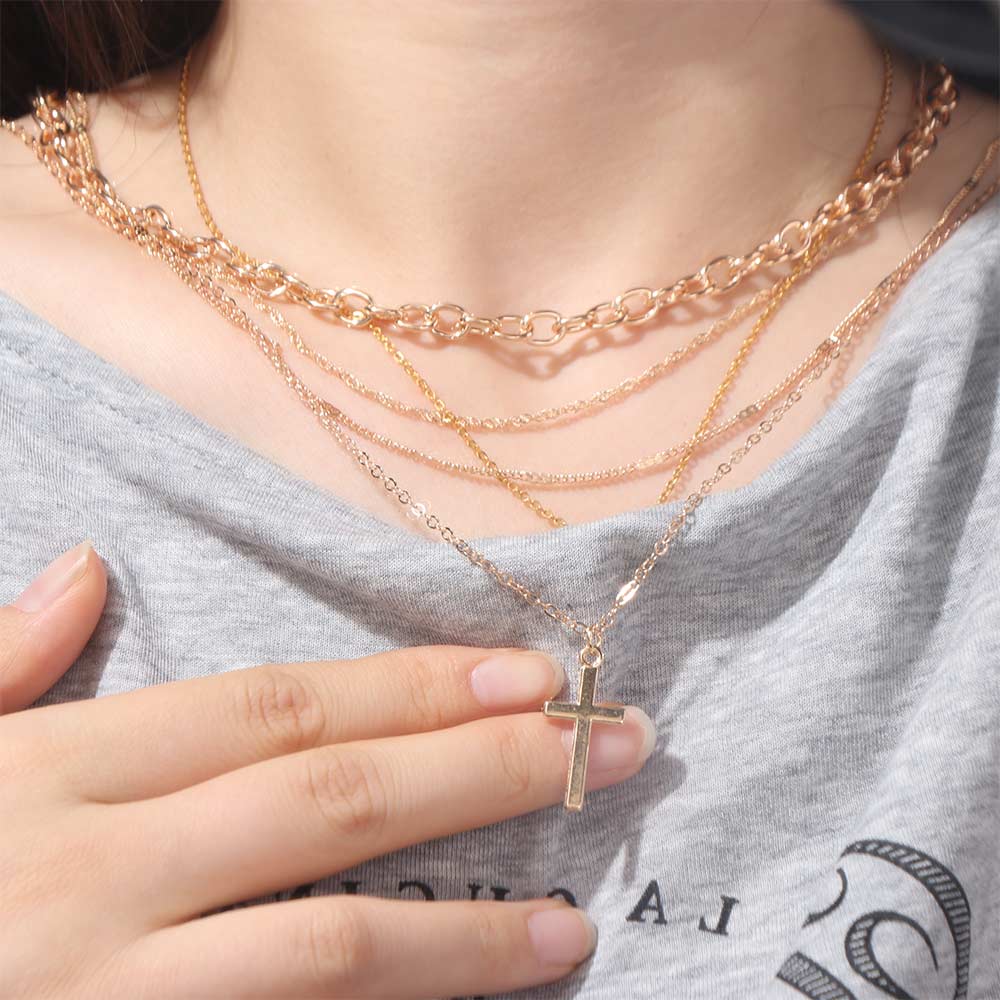 Adjustable Cross Pendant Thin Chain Multi Layer Prayer Necklace  Jewelry Accessories