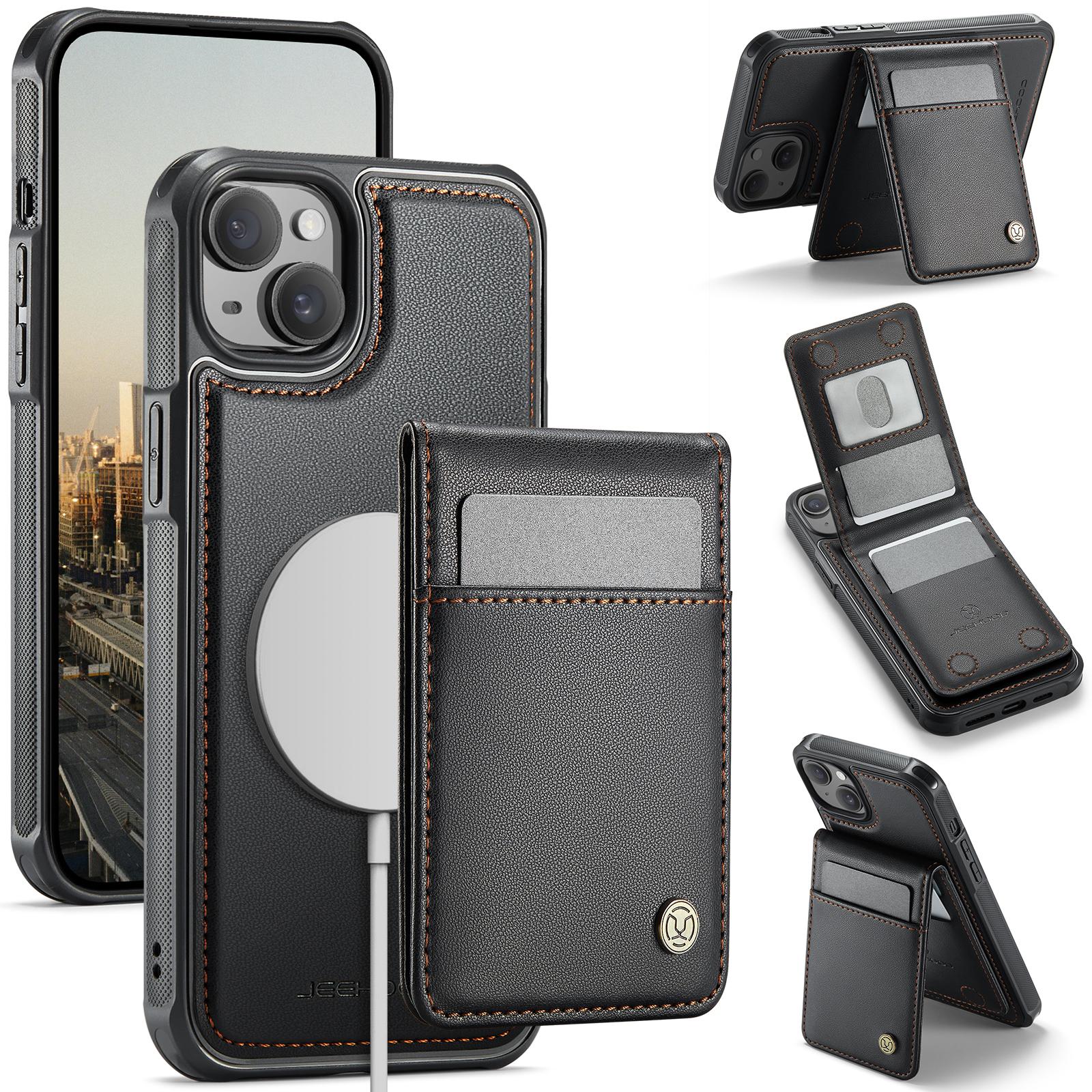 

For iPhone 14 Leather Back Cover Compatible with MagSafe JEEHOOD J06 Phone Case with Card Bag RFID Blocking Black