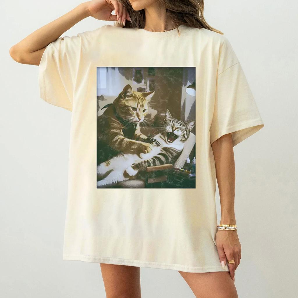 Funny Cat Tattoo T Shirt Meme Tee Artist Dark Humor Cat Lover Streetwear Vintage Women Men Cotton Casual Summer Oversized Loose