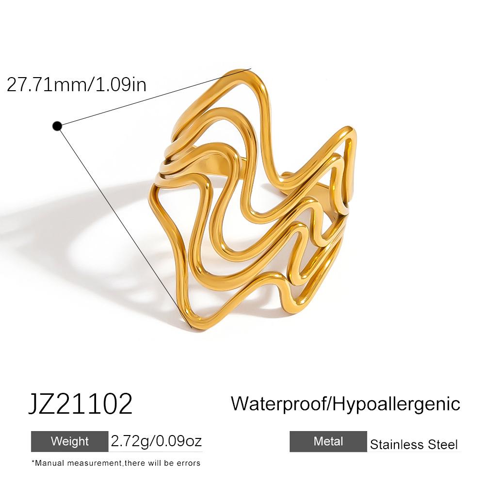 18K Gold Plated Adjustable Cross Stainless Steel Ring - Fashionable, High-End, Circular Hollow Design, Colorfast Finish.