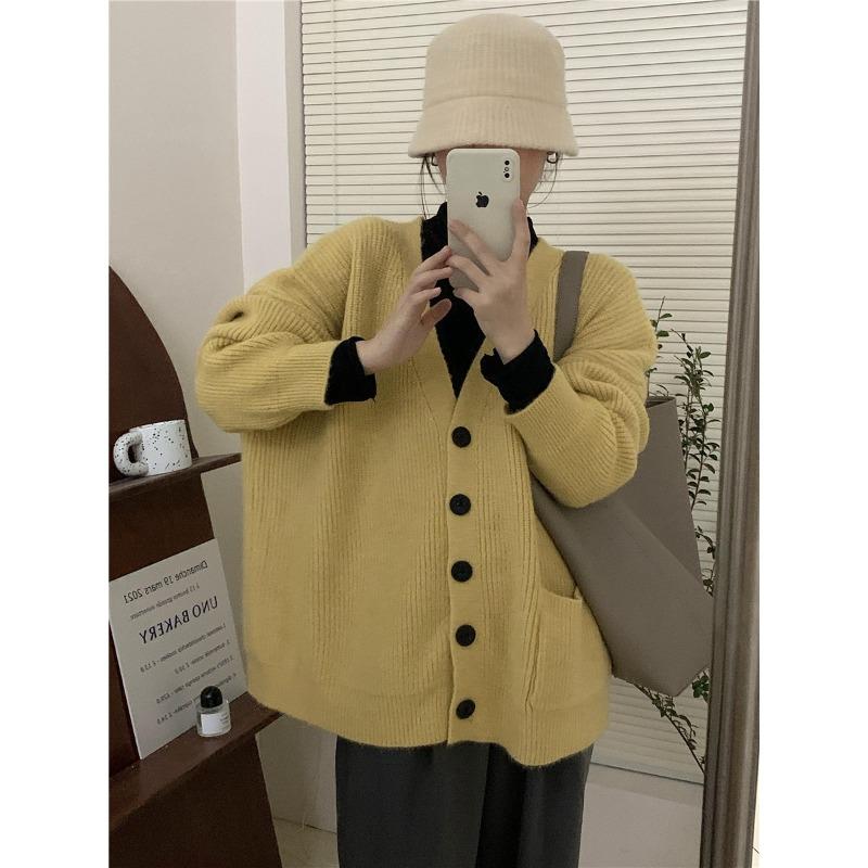 Retro Lazy Wind V-Neck Knitted Cardigan for Women's Autumn and Winter New Loose Versatile Single-breasted Sweater Jacket for Women