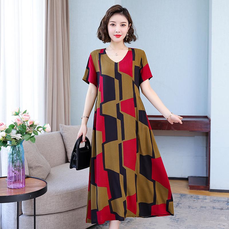 

2023 Хлопковое платье с принтом для контроля живота больших размеров, летнее для женщин среднего и пожилого возраста 5XL