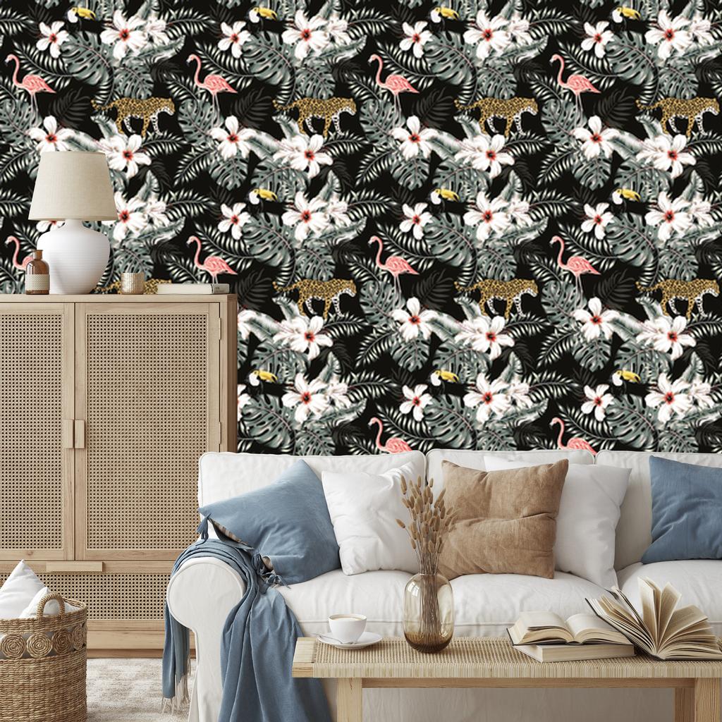 Exotic Leaves, Flowers and Animals Wallpaper for Living Room and Bedroom 50x1000