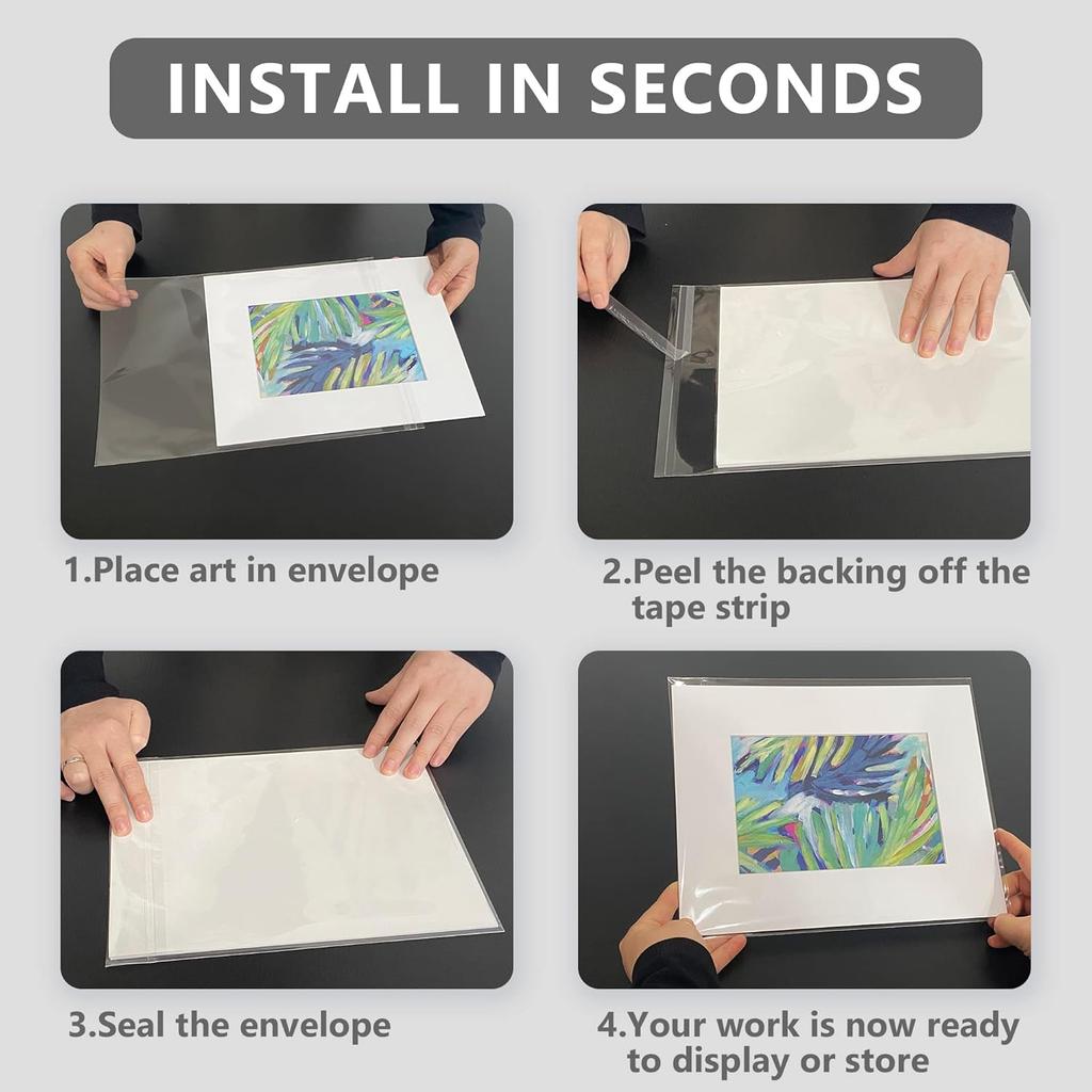 50 Pack Acid-Free Crystal Clear Sleeves Storage Bags for 8.5x11 Art Prints/Pictures/Photos/Framing Mat Mattes (Bag Size: 9"x11 3/7")