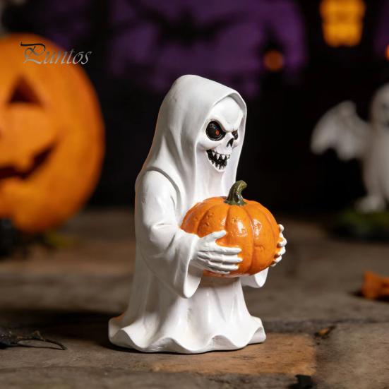 Durable Resin Halloween Ornament White Ghost Pumpkin Statue, Spooky Holding Mini Party Props for Countertops Figurine Garden Yard Tabletop Mantel Home