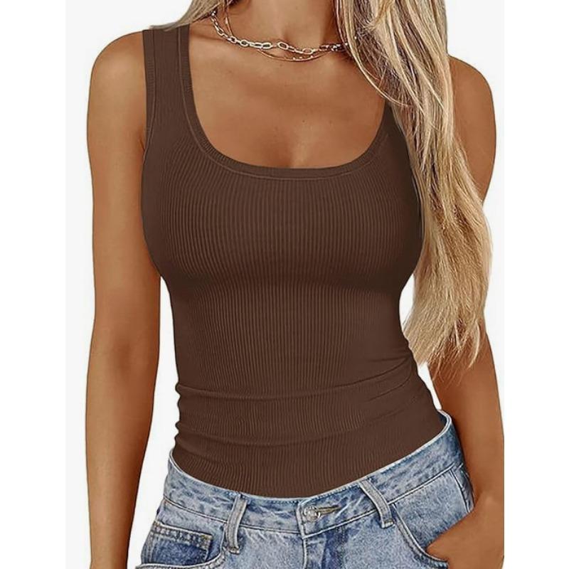 Camicette e camicie senza maniche con scollo a U, a tinta unita, casual, estive e primaverili, da donna