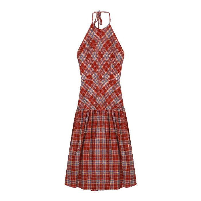 

Red plaid neck suspender dress women s summer temperament backless strap waist thin seaside vacation dress S красный