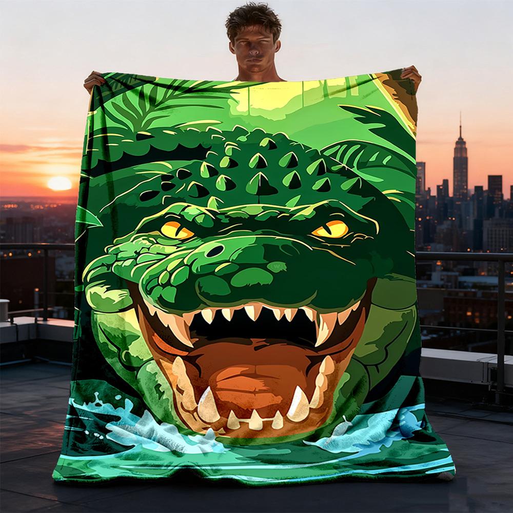 1pc Crocodile Print Throw Blanket Polyester Fiber, Lightweight Flannel, Soft & Warm, All Season Use for Outdoor, Camping Digital Print